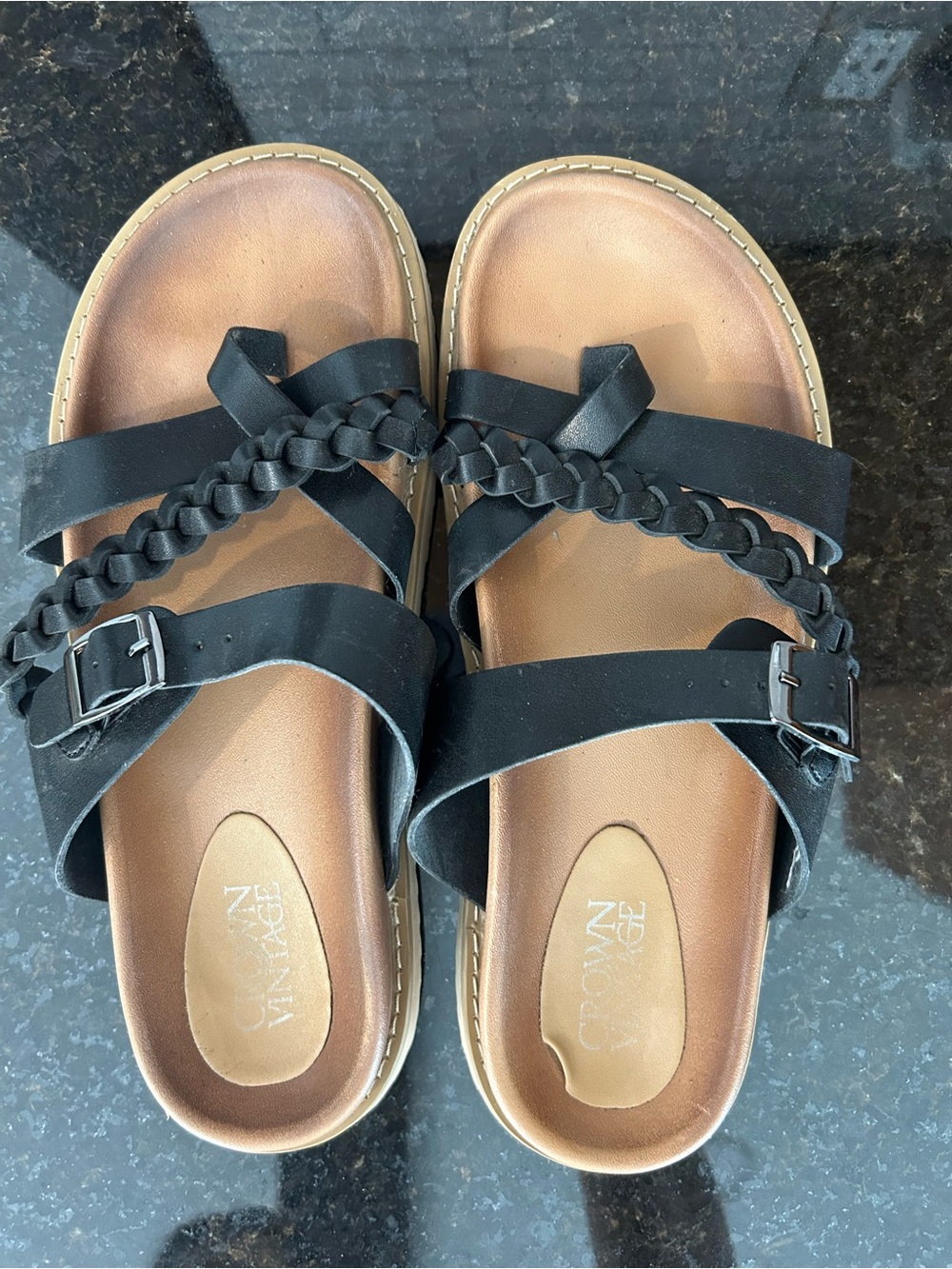 Crown Vintage Black Braided Strap Slide Sandals with Tan Footbed